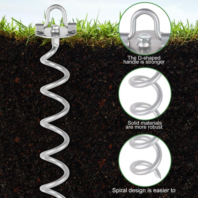 MIXXIDEA 17.5 Inch Gound Anchors Screw in, Metal Spiral Earth Anchors Kit, Heavy Duty Folding Ring Spiral Stake with Straps, Ground Stakes for Tent Trampolines, Sheds, Swings (Silver, 17.5 Inch) - Image 5